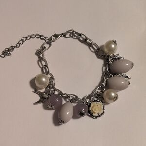 Silver Charm Bracelet White Beads Pearls Bird Cameo Flower Dangle Bracelet